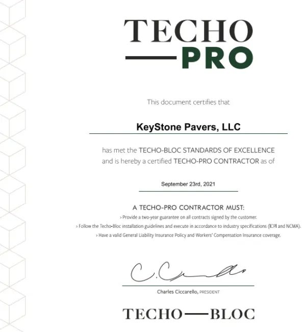 We are a certified Techo-Bloc Techo-Pro Hardscaping Contractor.